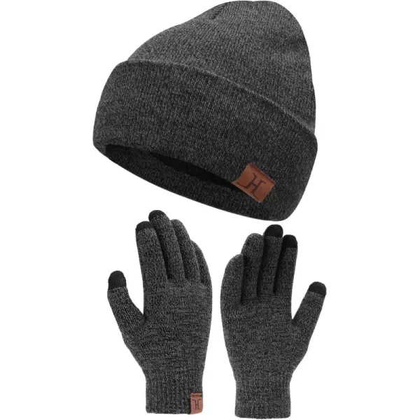 Winter Warm Beanie Hat Touchscreen Gloves Set Soft Skull Cap Gloves Set for Men and Women with Warm Knit Fleece LinedDark Grey