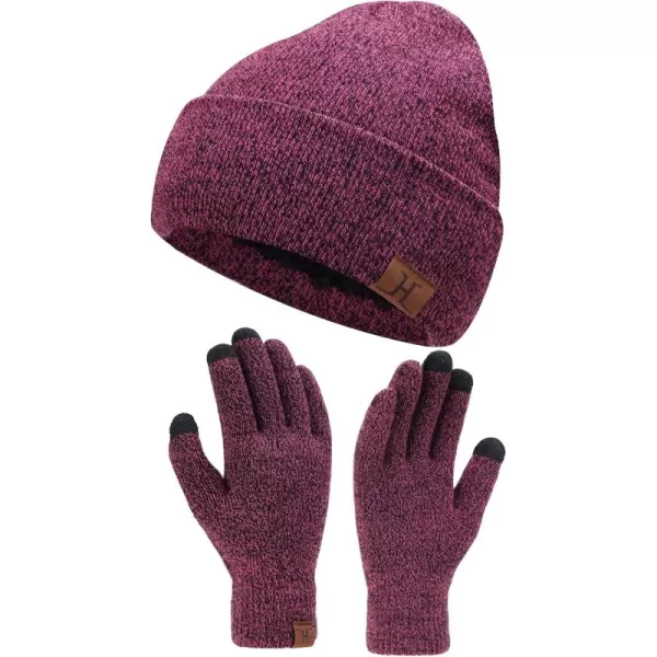 Winter Warm Beanie Hat Touchscreen Gloves Set Soft Skull Cap Gloves Set for Men and Women with Warm Knit Fleece LinedRose Red