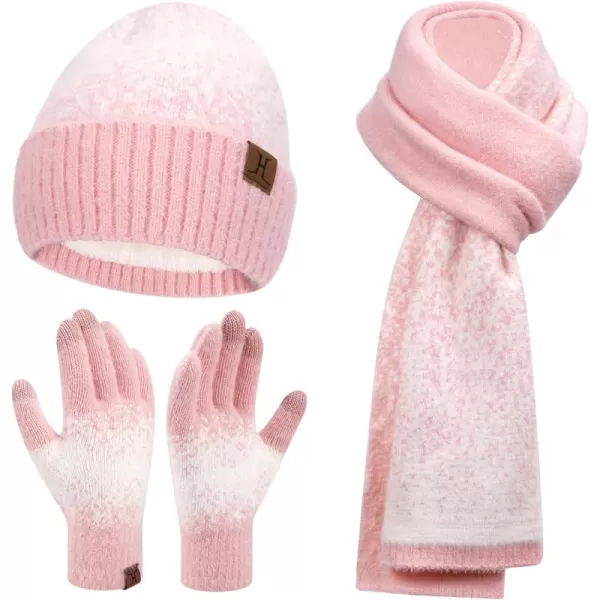 Womens Winter Knit Beanie Hats and Touchscreen Gloves Long Scarf Set with Warm Fleece Lined Skull Caps Scarves for WomenPink White