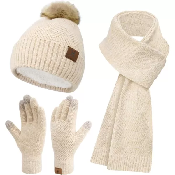 Womens Winter Warm Knit Beanie Hat Long Scarf Touchscreen Gloves Set with Fleece Lined Pom Skull Cap Gifts for WomenEapricot