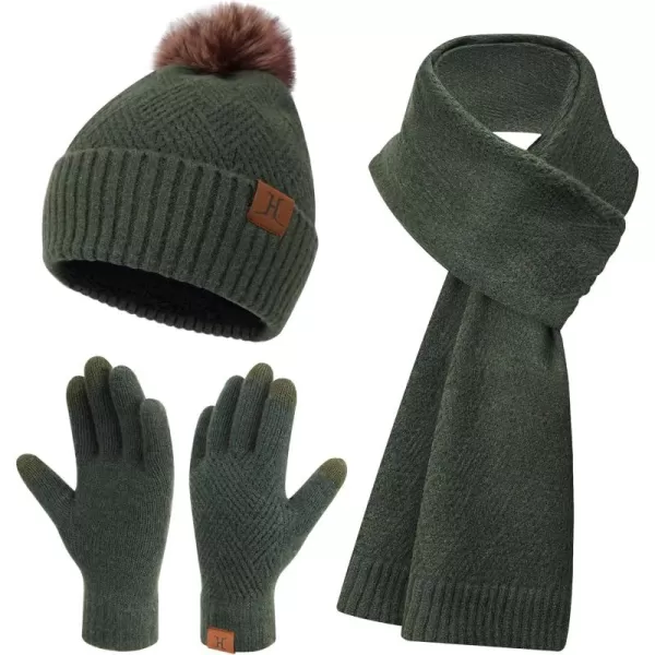 Womens Winter Warm Knit Beanie Hat Long Scarf Touchscreen Gloves Set with Fleece Lined Pom Skull Cap Gifts for WomenEarmy Green