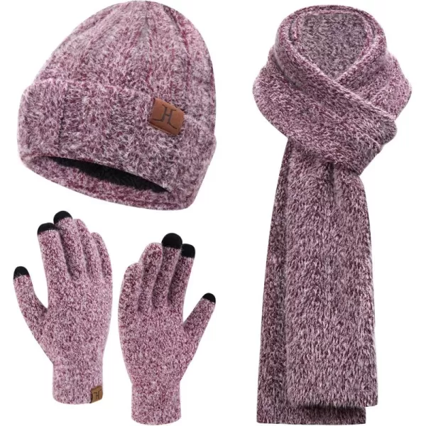 Womens Winter Warm Knit Beanie Hat Touchscreen Gloves Long Neck Scarf Set with Fleece Lined Skull Caps Gifts for Women Men Wine Red
