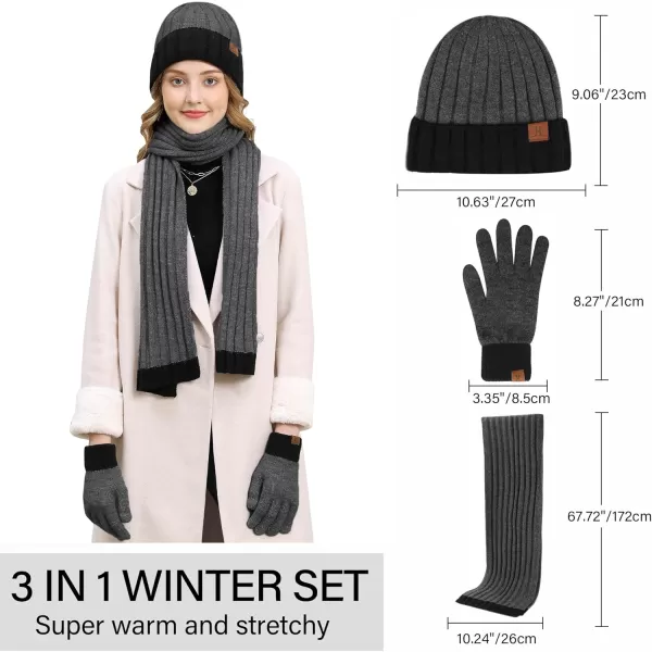 FZ FANTASTIC ZONE Winter Warm Beanie Hat Touchscreen Gloves Long Scarf Knit Set with Fleece Lined Slouchy Skull Cap for Women3pcsdark Grey