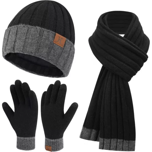 FZ FANTASTIC ZONE Winter Warm Beanie Hat Touchscreen Gloves Long Scarf Knit Set with Fleece Lined Slouchy Skull Cap for Women3pcsblack