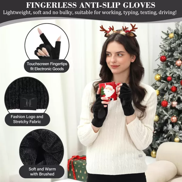 imageFZ FANTASTIC ZONE Winter Fingerless Gloves for Women Men Chenille Warm Knit Working Texting Half Finger Gloves GiftsBlack