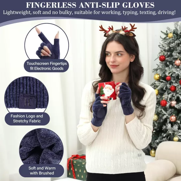 imageFZ FANTASTIC ZONE Winter Fingerless Gloves for Women Men Chenille Warm Knit Working Texting Half Finger Gloves GiftsNavy Blue