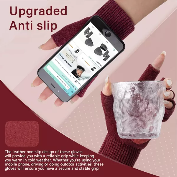imageFZ FANTASTIC ZONE Winter Fingerless Gloves for Women Men Chenille Warm Knit Working Texting Half Finger Gloves GiftsWine Red