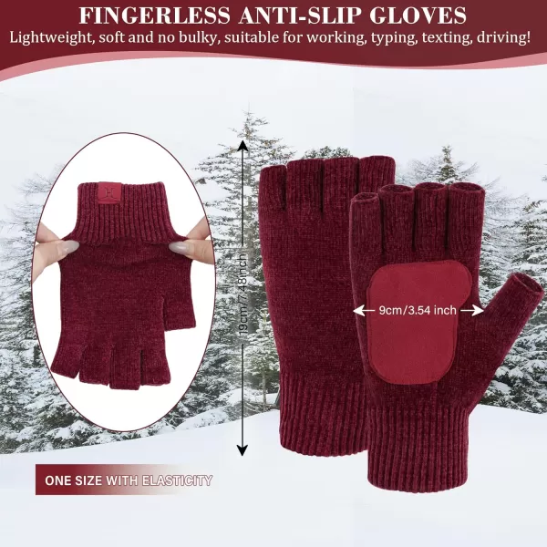 imageFZ FANTASTIC ZONE Winter Fingerless Gloves for Women Men Chenille Warm Knit Working Texting Half Finger Gloves GiftsWine Red