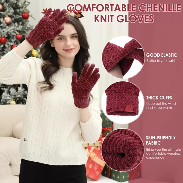 imageFZ FANTASTIC ZONE Winter Gloves for Women Cold Weather with Touch Screen Chenille Knit Thermal Warm Gloves GiftsWine Red