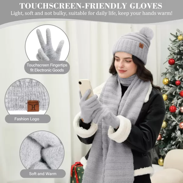 imageWomens Winter Hats Scarf Gloves Set Warm Fleece Beanie Touchscreen Gloves for Women Cold Weather GiftsGrey