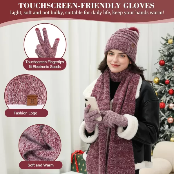 imageWomens Winter Hats Scarf Gloves Set Warm Fleece Beanie Touchscreen Gloves for Women Cold Weather GiftsWine Red
