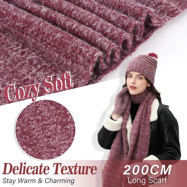 imageWomens Winter Hats Scarf Gloves Set Warm Fleece Beanie Touchscreen Gloves for Women Cold Weather GiftsWine Red