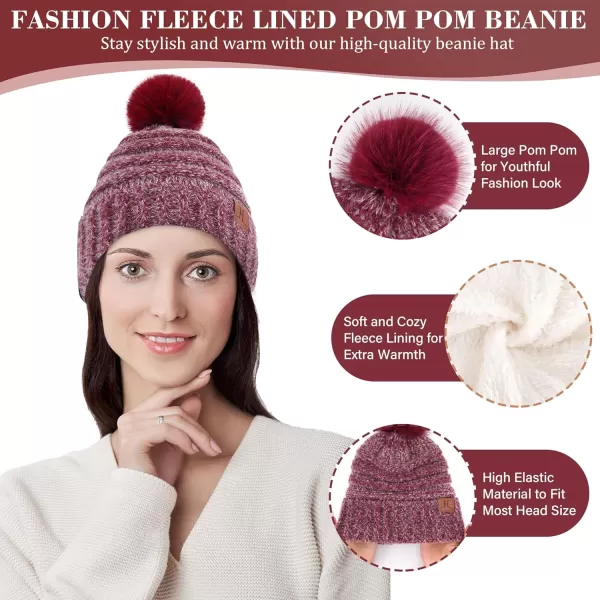 imageWomens Winter Hats Scarf Gloves Set Warm Fleece Beanie Touchscreen Gloves for Women Cold Weather GiftsWine Red
