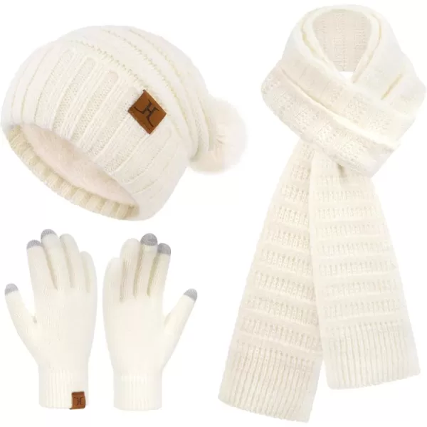 imageWomens Winter Hats Scarf Gloves Set Warm Fleece Beanie Touchscreen Gloves for Women Cold Weather GiftsWhite