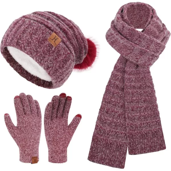 imageWomens Winter Hats Scarf Gloves Set Warm Fleece Beanie Touchscreen Gloves for Women Cold Weather GiftsWine Red