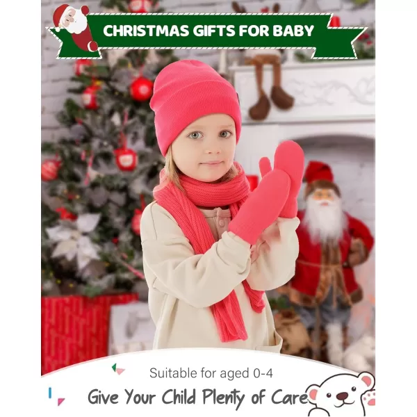 image4 Pieces Winter Toddler Kids Hat Gloves Scarf Socks Beanie Set for 0 6 12 Months 1 2 3 4 Year Old Baby Girls Boys GiftsHot Pink