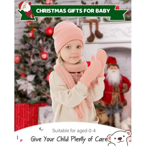 image4 Pieces Winter Toddler Kids Hat Gloves Scarf Socks Beanie Set for 0 6 12 Months 1 2 3 4 Year Old Baby Girls Boys GiftsPink