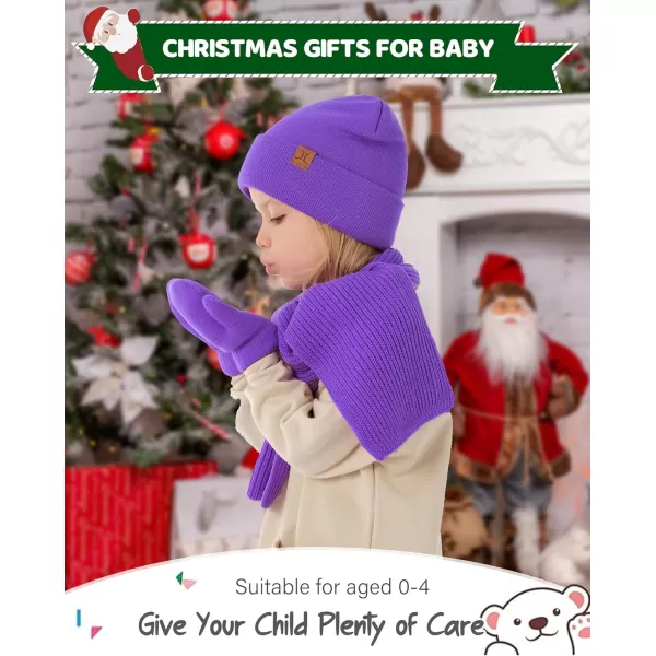image4 Pieces Winter Toddler Kids Hat Gloves Scarf Socks Beanie Set for 0 6 12 Months 1 2 3 4 Year Old Baby Girls Boys GiftsPurple