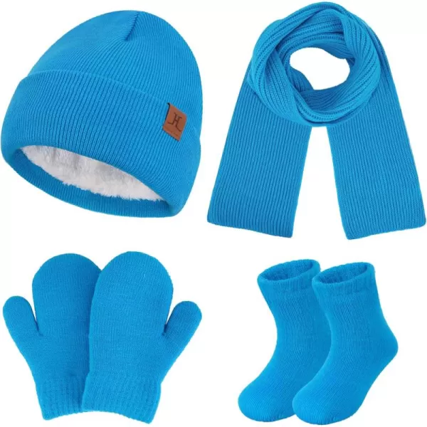image4 Pieces Winter Toddler Kids Hat Gloves Scarf Socks Beanie Set for 0 6 12 Months 1 2 3 4 Year Old Baby Girls Boys GiftsBlue