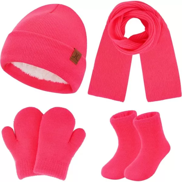 image4 Pieces Winter Toddler Kids Hat Gloves Scarf Socks Beanie Set for 0 6 12 Months 1 2 3 4 Year Old Baby Girls Boys GiftsHot Pink