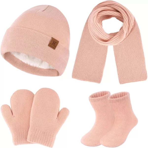 image4 Pieces Winter Toddler Kids Hat Gloves Scarf Socks Beanie Set for 0 6 12 Months 1 2 3 4 Year Old Baby Girls Boys GiftsPink