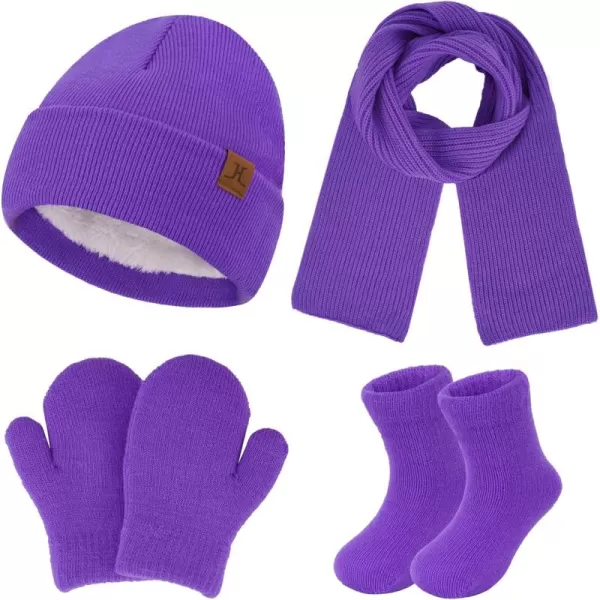 image4 Pieces Winter Toddler Kids Hat Gloves Scarf Socks Beanie Set for 0 6 12 Months 1 2 3 4 Year Old Baby Girls Boys GiftsPurple