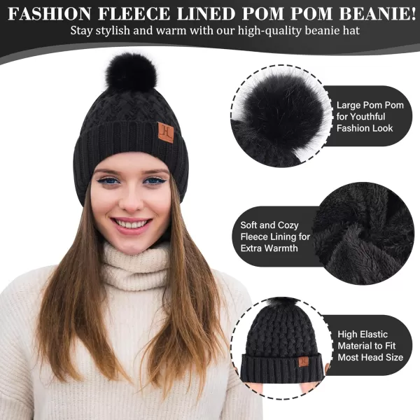 imageWomens Winter Beanie Hat Touchscreen Gloves Long Neck Scarf Set Warm Knit Caps with Pom Fleece Gifts for WomenBlack