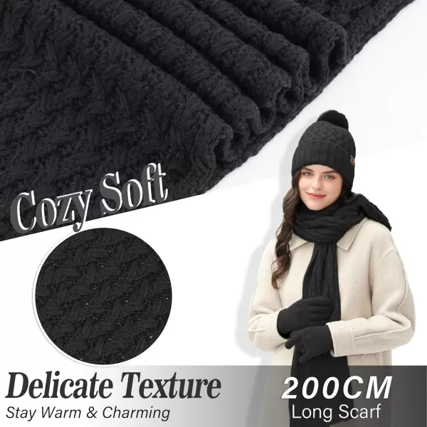 imageWomens Winter Beanie Hat Touchscreen Gloves Long Neck Scarf Set Warm Knit Caps with Pom Fleece Gifts for WomenBlack