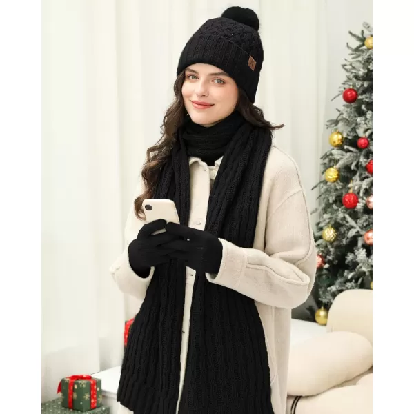 imageWomens Winter Beanie Hat Touchscreen Gloves Long Neck Scarf Set Warm Knit Caps with Pom Fleece Gifts for WomenBlack