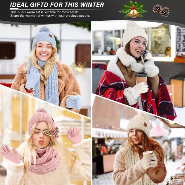 imageWomens Winter Beanie Hat Touchscreen Gloves Long Neck Scarf Set Warm Knit Caps with Pom Fleece Gifts for WomenBlack