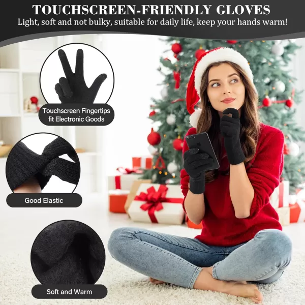 imageWomens Winter Beanie Hat Touchscreen Gloves Long Neck Scarf Set Warm Knit Caps with Pom Fleece Gifts for WomenBlack