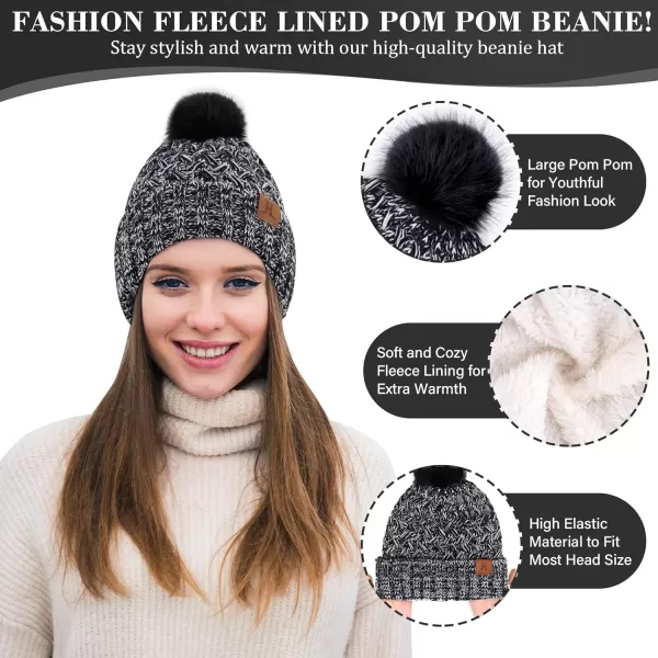 imageWomens Winter Beanie Hat Touchscreen Gloves Long Neck Scarf Set Warm Knit Caps with Pom Fleece Gifts for WomenBlack White