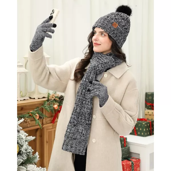 imageWomens Winter Beanie Hat Touchscreen Gloves Long Neck Scarf Set Warm Knit Caps with Pom Fleece Gifts for WomenBlack White