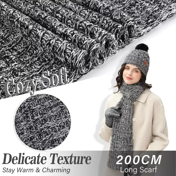 imageWomens Winter Beanie Hat Touchscreen Gloves Long Neck Scarf Set Warm Knit Caps with Pom Fleece Gifts for WomenBlack White