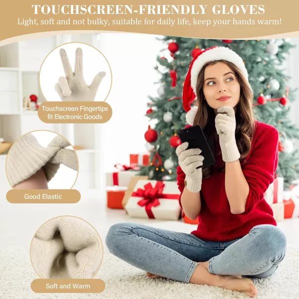 imageWomens Winter Beanie Hat Touchscreen Gloves Long Neck Scarf Set Warm Knit Caps with Pom Fleece Gifts for WomenOatmeal