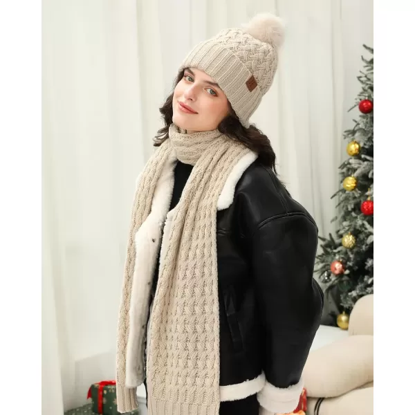 imageWomens Winter Beanie Hat Touchscreen Gloves Long Neck Scarf Set Warm Knit Caps with Pom Fleece Gifts for WomenOatmeal