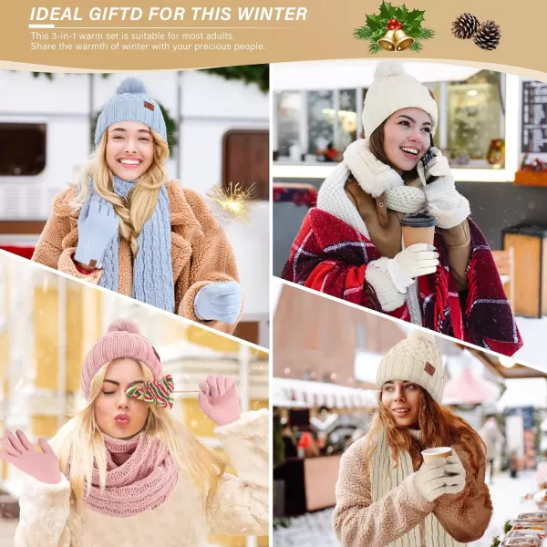 imageWomens Winter Beanie Hat Touchscreen Gloves Long Neck Scarf Set Warm Knit Caps with Pom Fleece Gifts for WomenOatmeal