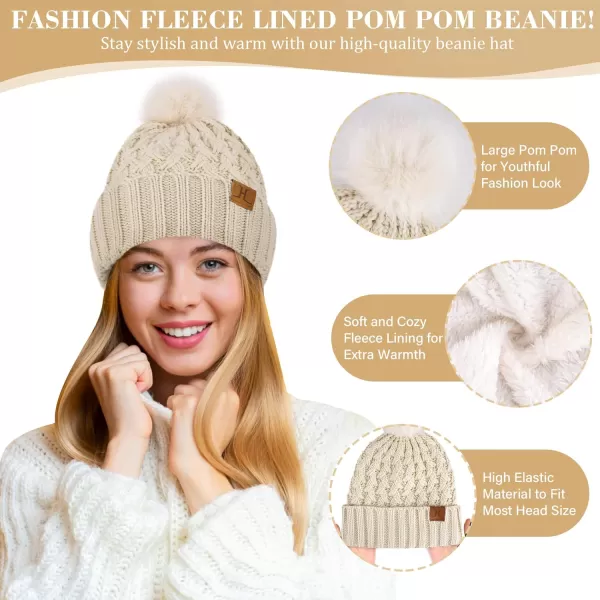 imageWomens Winter Beanie Hat Touchscreen Gloves Long Neck Scarf Set Warm Knit Caps with Pom Fleece Gifts for WomenOatmeal