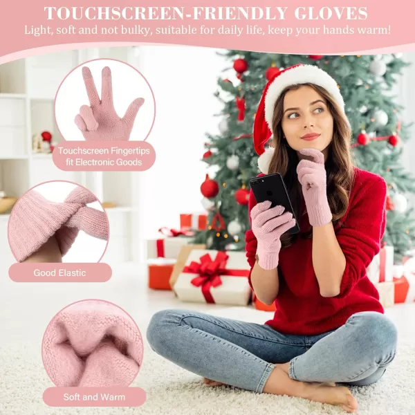imageWomens Winter Beanie Hat Touchscreen Gloves Long Neck Scarf Set Warm Knit Caps with Pom Fleece Gifts for WomenPink