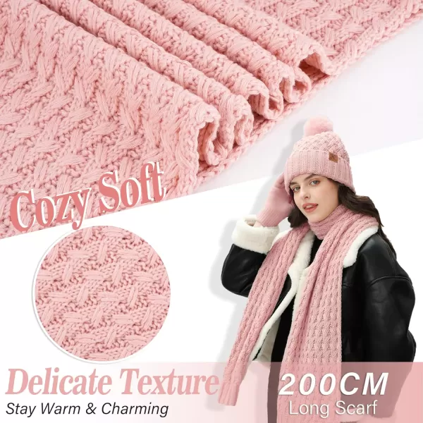 imageWomens Winter Beanie Hat Touchscreen Gloves Long Neck Scarf Set Warm Knit Caps with Pom Fleece Gifts for WomenPink
