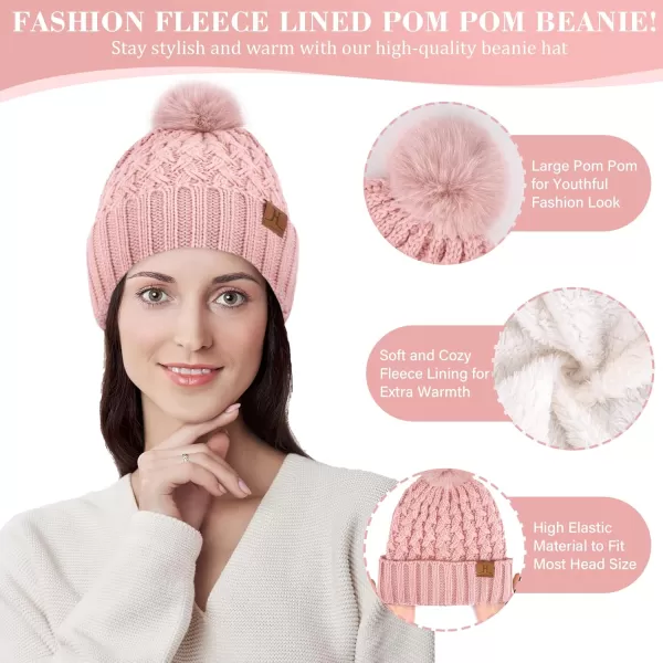 imageWomens Winter Beanie Hat Touchscreen Gloves Long Neck Scarf Set Warm Knit Caps with Pom Fleece Gifts for WomenPink