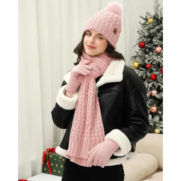 imageWomens Winter Beanie Hat Touchscreen Gloves Long Neck Scarf Set Warm Knit Caps with Pom Fleece Gifts for WomenPink