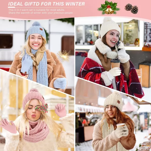 imageWomens Winter Beanie Hat Touchscreen Gloves Long Neck Scarf Set Warm Knit Caps with Pom Fleece Gifts for WomenPink