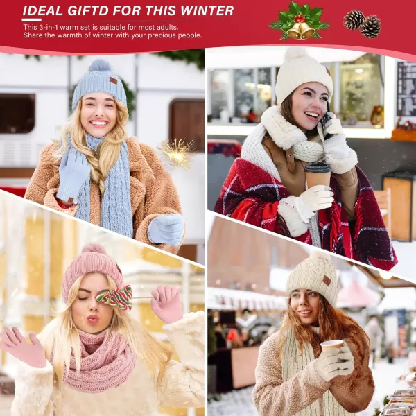 imageWomens Winter Beanie Hat Touchscreen Gloves Long Neck Scarf Set Warm Knit Caps with Pom Fleece Gifts for WomenRed