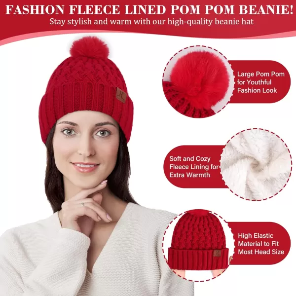 imageWomens Winter Beanie Hat Touchscreen Gloves Long Neck Scarf Set Warm Knit Caps with Pom Fleece Gifts for WomenRed