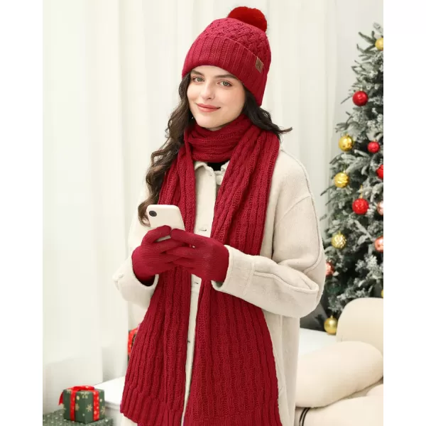 imageWomens Winter Beanie Hat Touchscreen Gloves Long Neck Scarf Set Warm Knit Caps with Pom Fleece Gifts for WomenRed