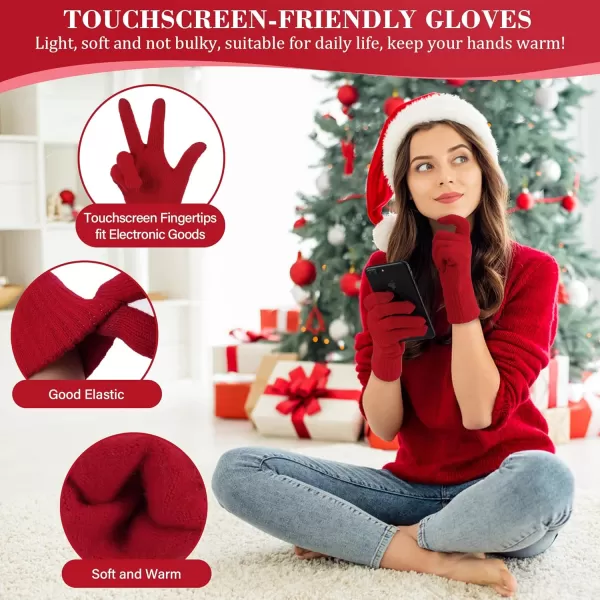 imageWomens Winter Beanie Hat Touchscreen Gloves Long Neck Scarf Set Warm Knit Caps with Pom Fleece Gifts for WomenRed