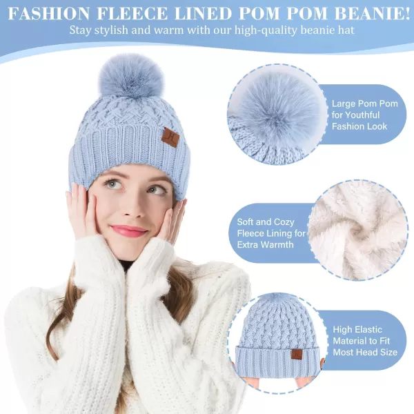 imageWomens Winter Beanie Hat Touchscreen Gloves Long Neck Scarf Set Warm Knit Caps with Pom Fleece Gifts for WomenSky Blue