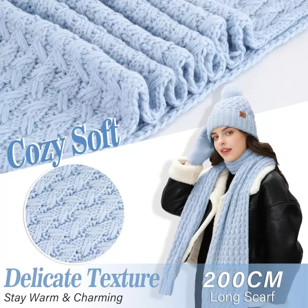 imageWomens Winter Beanie Hat Touchscreen Gloves Long Neck Scarf Set Warm Knit Caps with Pom Fleece Gifts for WomenSky Blue