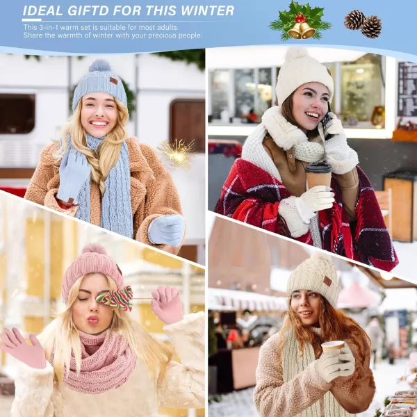 imageWomens Winter Beanie Hat Touchscreen Gloves Long Neck Scarf Set Warm Knit Caps with Pom Fleece Gifts for WomenSky Blue